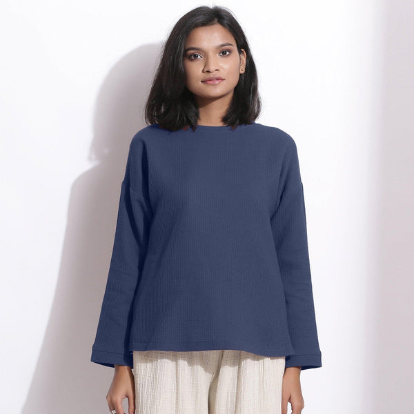 Front View of a Model wearing Navy Blue Cotton Waffle Drop Shoulder Top