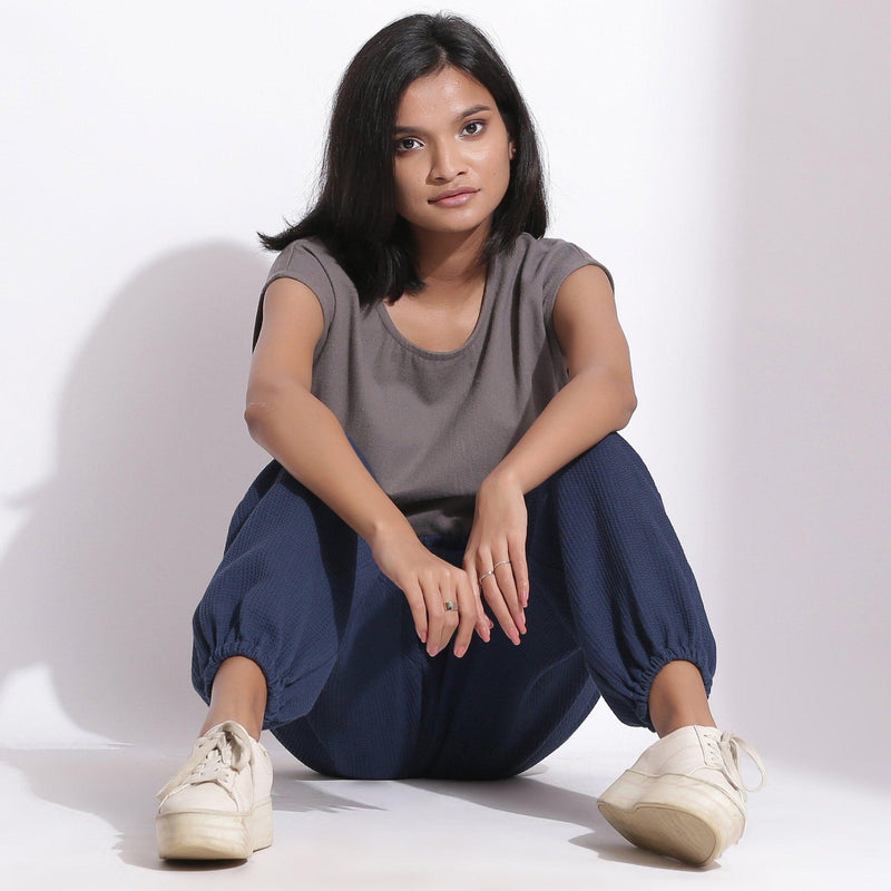 Front View of a Model wearing Comfy Navy Blue Cotton Waffle Jogger Pant