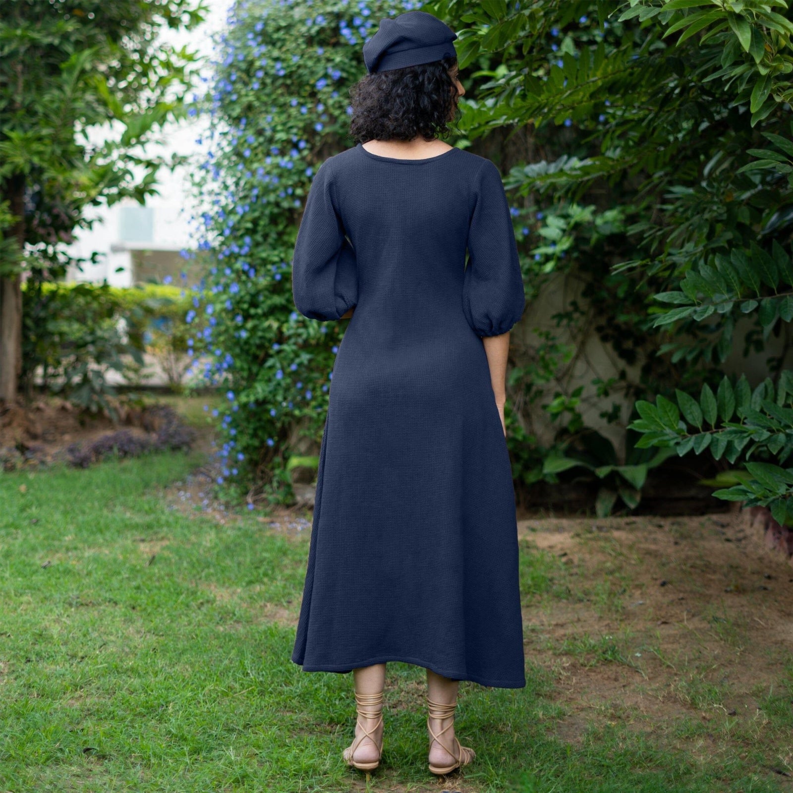 blue flare dress Navy Blue Warm Cotton Waffle Fit and Flare Short Dress Custom Size (Free) / Regular (5'2
