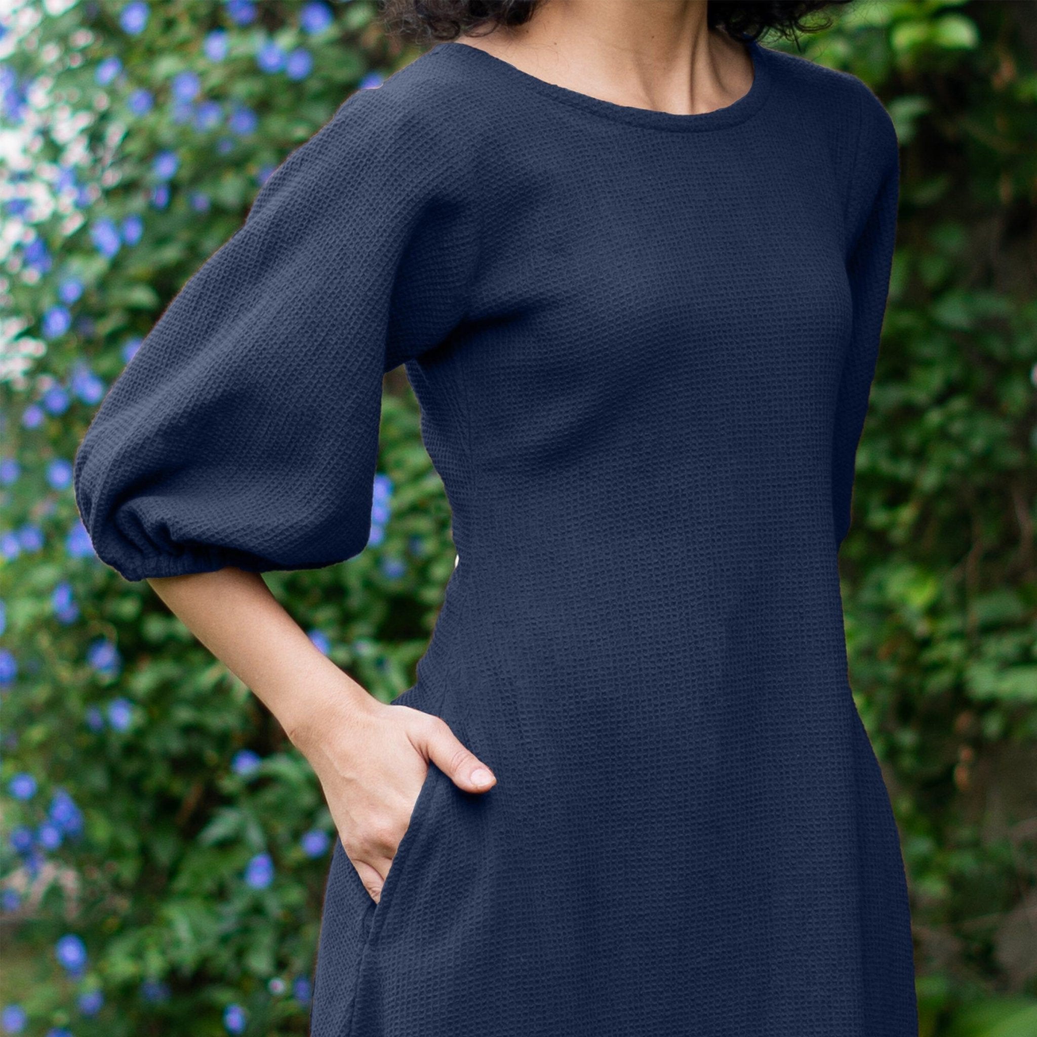 Navy Blue Warm Cotton Waffle Knee Length Button-Down Dress main image 1