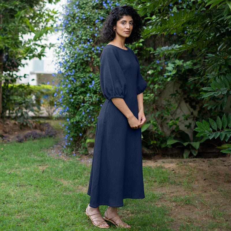 Navy Blue Warm Cotton Waffle Fit and Flare Maxi Dress