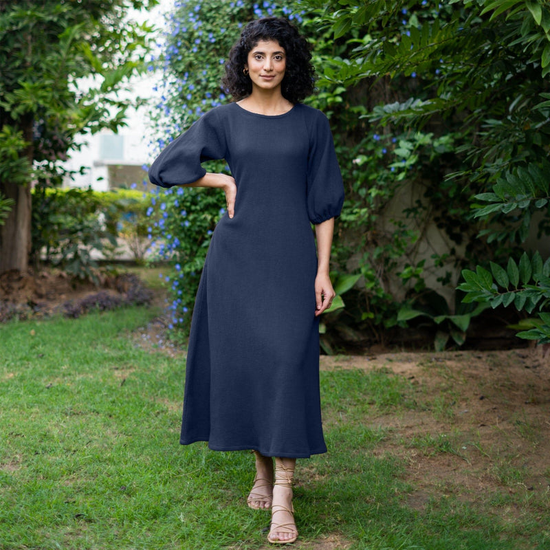 Navy Blue Warm Cotton Waffle Fit and Flare Maxi Dress