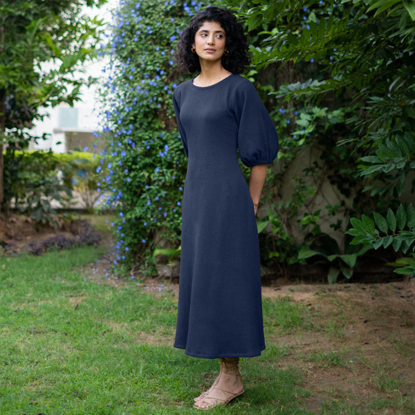 Navy Blue Warm Cotton Waffle Fit and Flare Maxi Dress