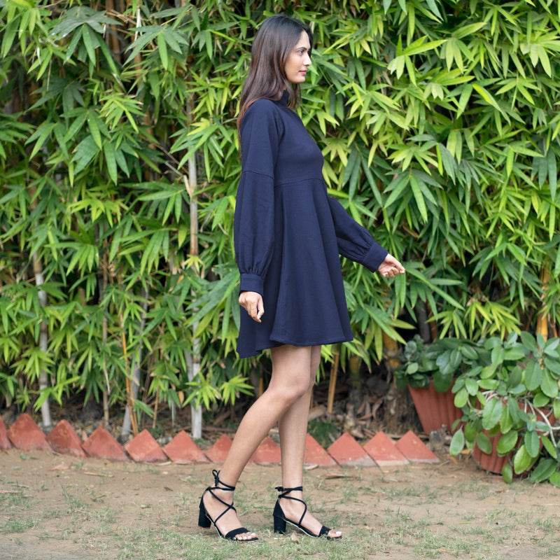 Navy Blue Warm Cotton Waffle Fit and Flare Short Dress