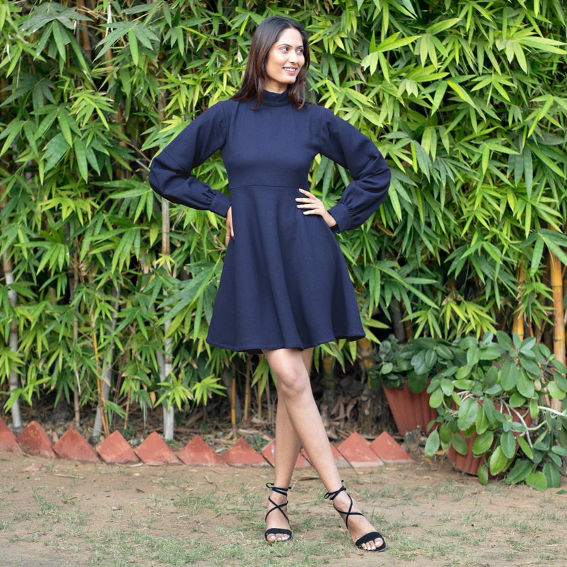 Navy Blue Warm Cotton Waffle Fit and Flare Short Dress 28" / Petite (5'1" and below) Navy Blue Warm Cotton Waffle Fit and Flare Short Dress 28" / Petite (5'1" and below)