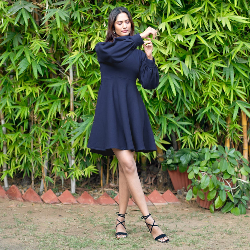 Navy Blue Warm Cotton Waffle Fit and Flare Short Dress 28" / Petite (5'1" and below) Navy Blue Warm Cotton Waffle Fit and Flare Short Dress 28" / Petite (5'1" and below)