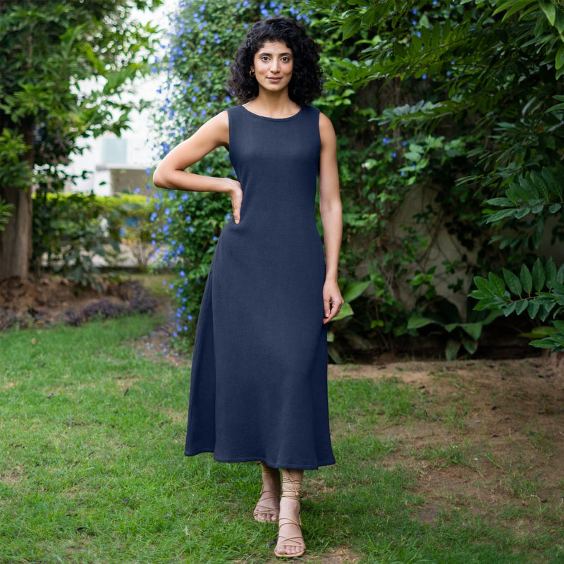 Navy Blue Warm Cotton Waffle Fit and Flare Sleeveless Maxi Dress