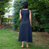 Navy Blue Warm Cotton Waffle Fit and Flare Sleeveless Maxi Dress