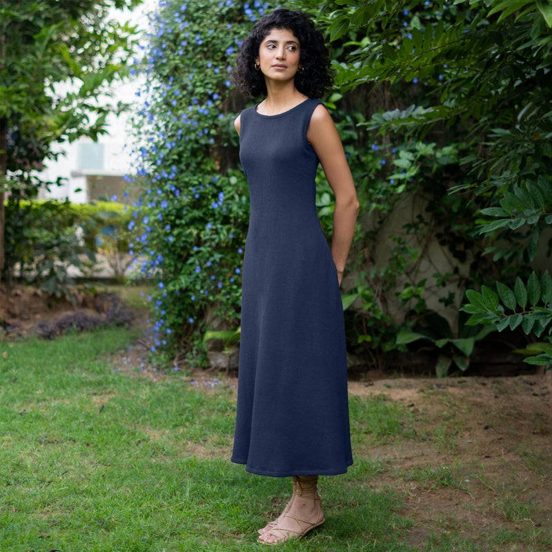 Navy Blue Warm Cotton Waffle Fit and Flare Sleeveless Maxi Dress