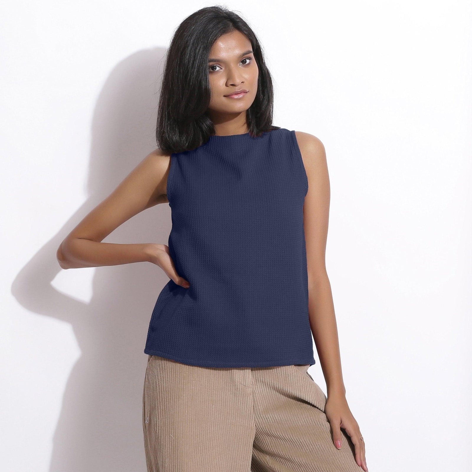 Buy Navy Blue Warm Cotton Waffle Funnel Neck Top Online at
