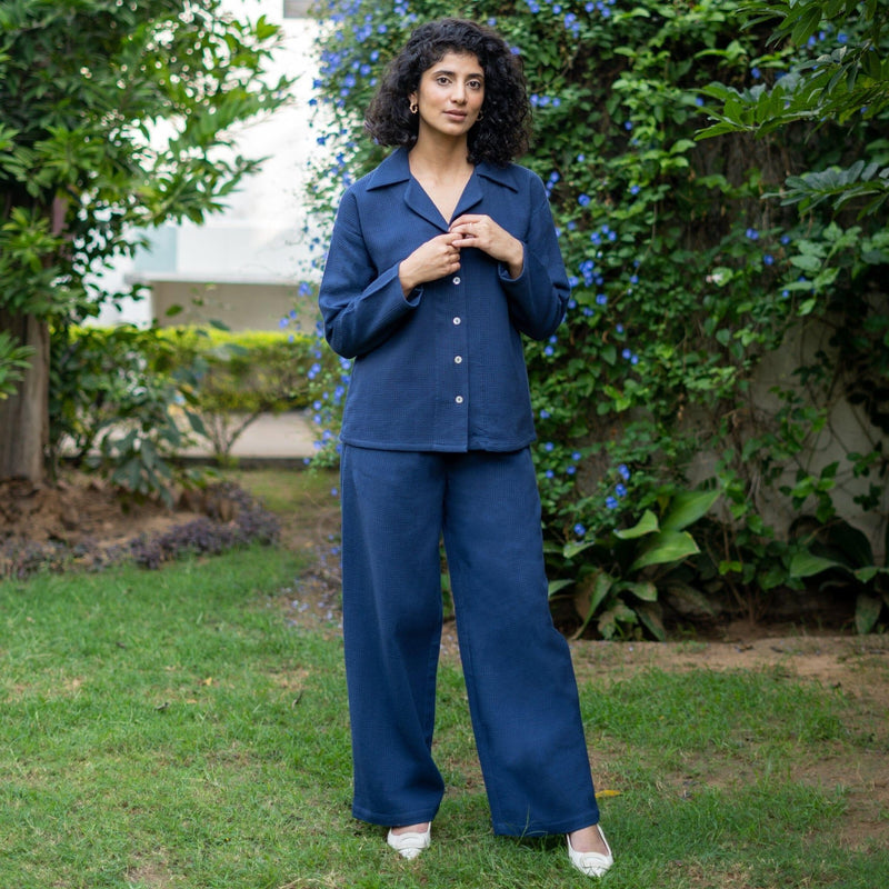 Navy Blue Warm Cotton Waffle High-Rise Comfort Fit Elasticated Pant