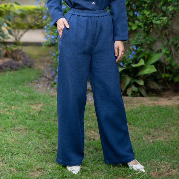 Navy Blue Warm Cotton Waffle High-Rise Comfort Fit Elasticated Pant