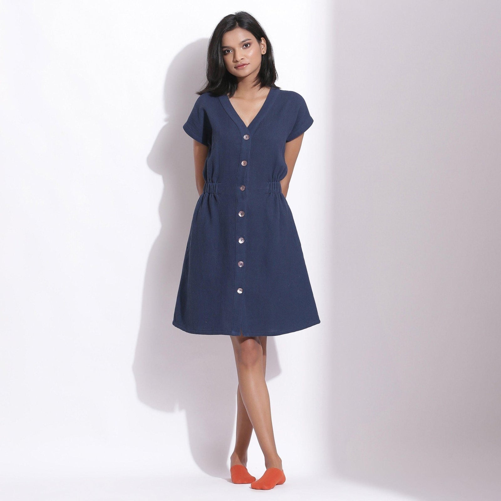 Navy Blue Warm Cotton Waffle Knee Length Button-Down Dress 58
