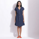 Front View of a Model wearing Cotton Waffle Navy Blue Button-Down Dress