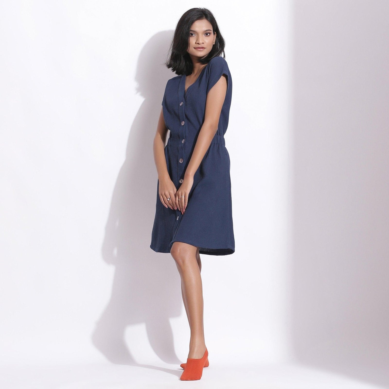 white christmas dresses Navy Blue Warm Cotton Waffle Knee Length Button-Down Dress 58