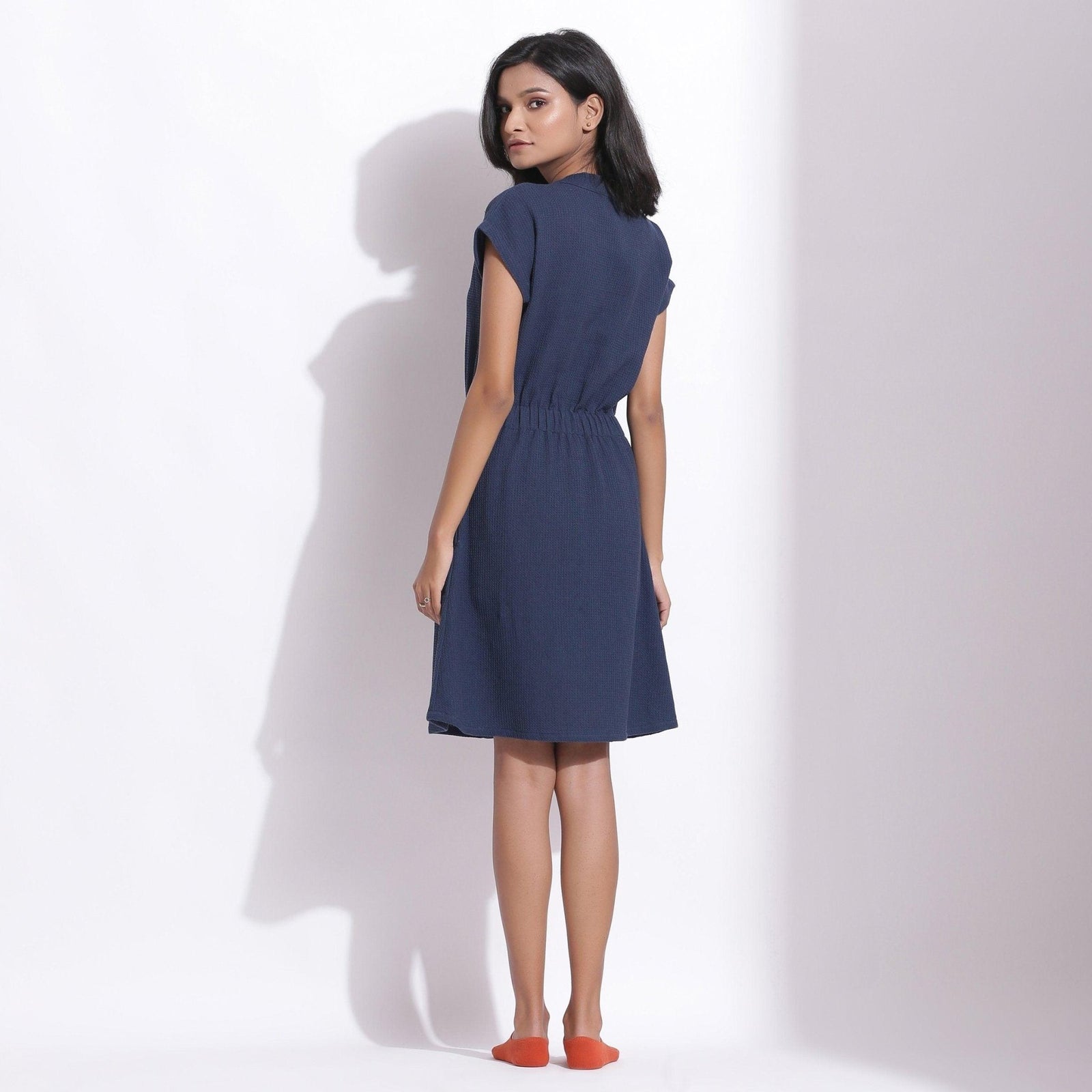 Navy Blue Warm Cotton Waffle Knee Length Button-Down Dress 58