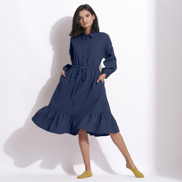 Front View of Model wearing Navy Blue Cotton Waffle Button-Down Dress