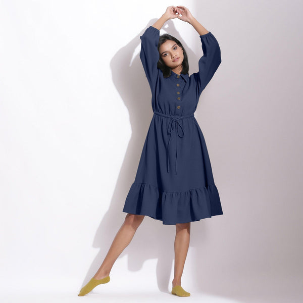 Front View of Model wearing Navy Blue Cotton Waffle Button-Down Dress