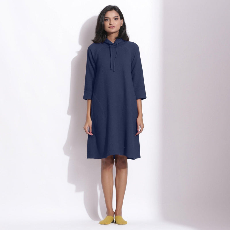 Front View of a Model wearing Cotton Waffle Navy Blue Hoodie Dress