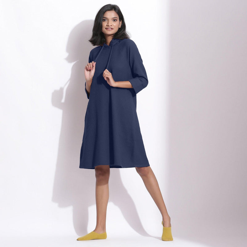 Navy Blue Warm Cotton Waffle Knee Length Hoodie Dress 56" / Petite (5'1" and below) Navy Blue Warm Cotton Waffle Knee Length Hoodie Dress 56" / Petite (5'1" and below)