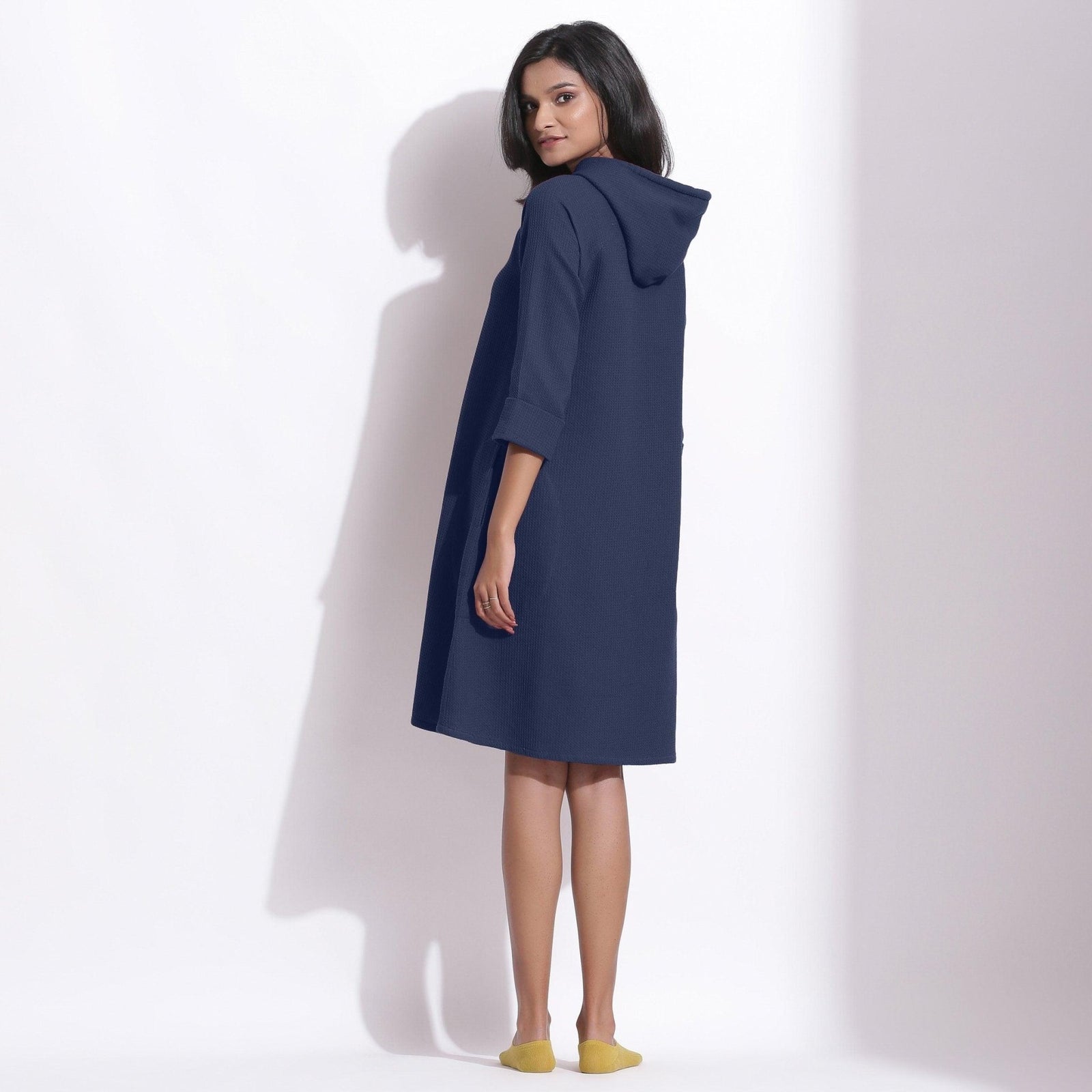 Navy Blue Warm Cotton Waffle Knee Length Hoodie Dress 64