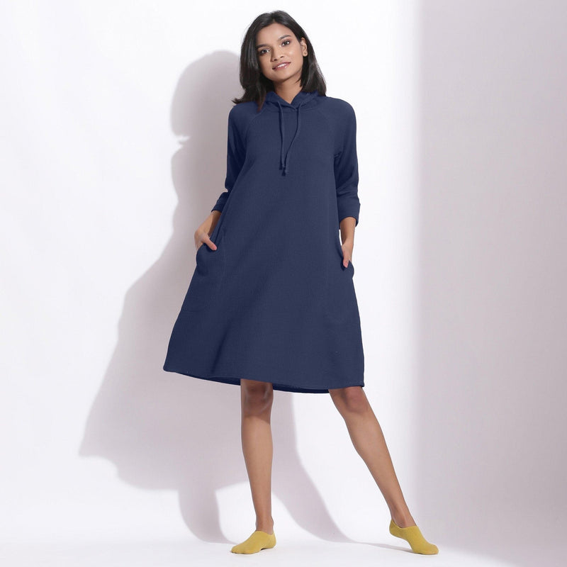 Front View of a Model wearing Cotton Waffle Navy Blue Hoodie Dress