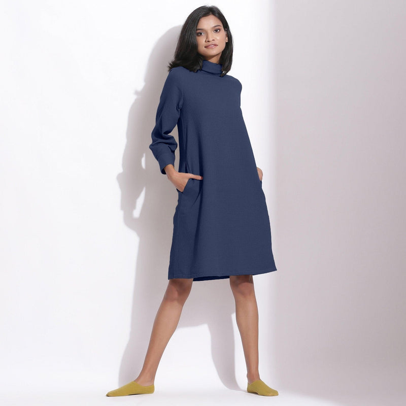 knee length shift dresses Navy Blue Warm Cotton Waffle Knee Length Shift Dress 46" / Tall (5'7" and above)