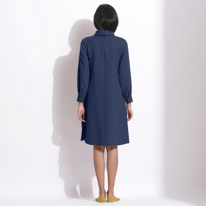 Back View of a Model wearing Navy Blue Cotton Waffle Turtleneck Dress