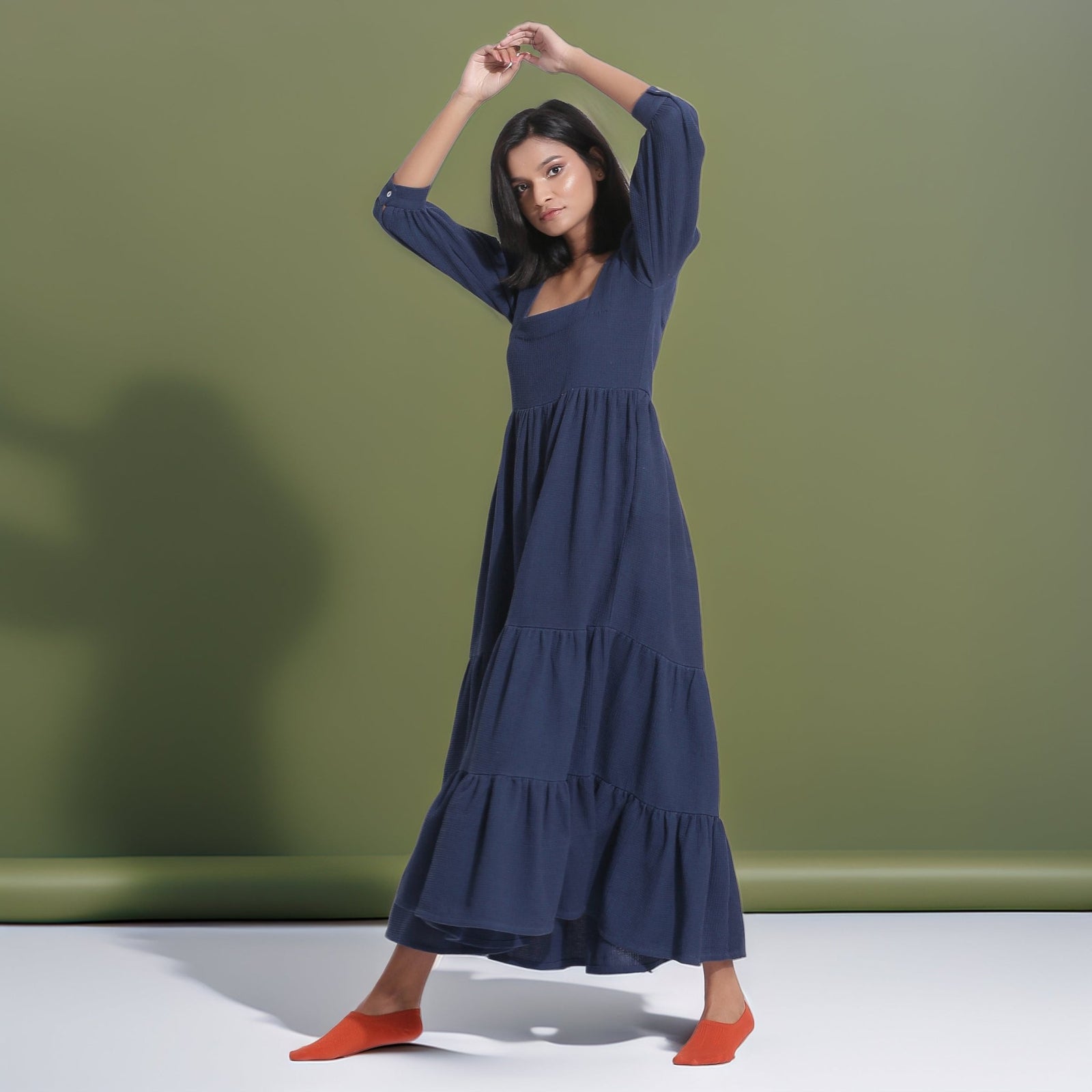 Navy Blue Warm Cotton Waffle Maxi Tier Dress 40