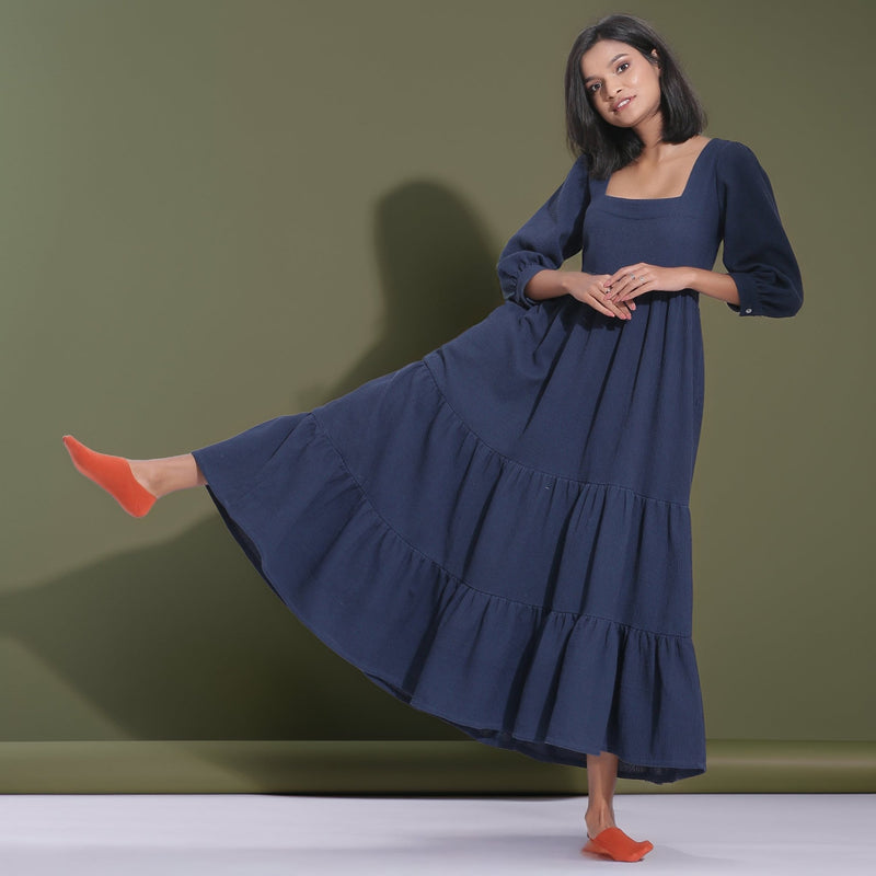 navy cotton tiered dress Navy Blue Tiered Dress Shirred flexible broad band, Gathered, Summer D