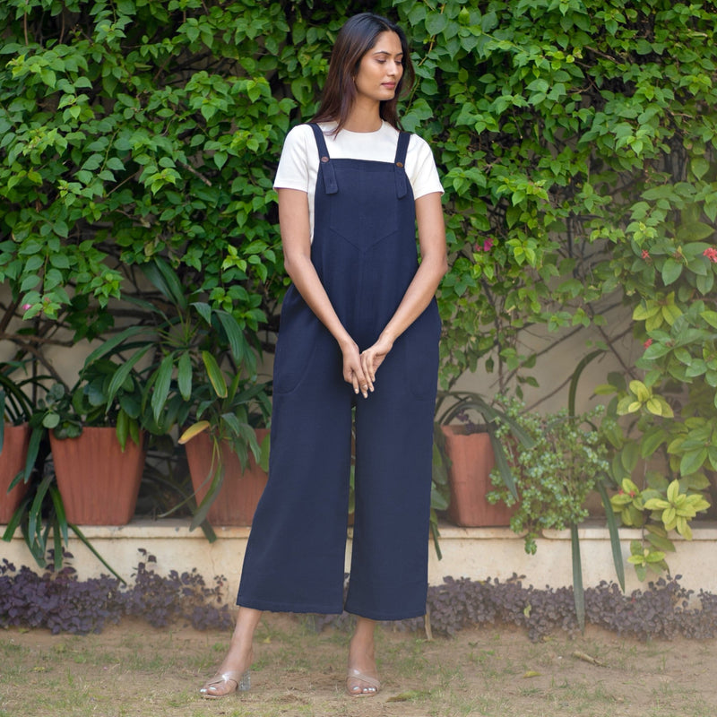 Navy Blue Warm Cotton Waffle Midi Dungaree Jumpsuit