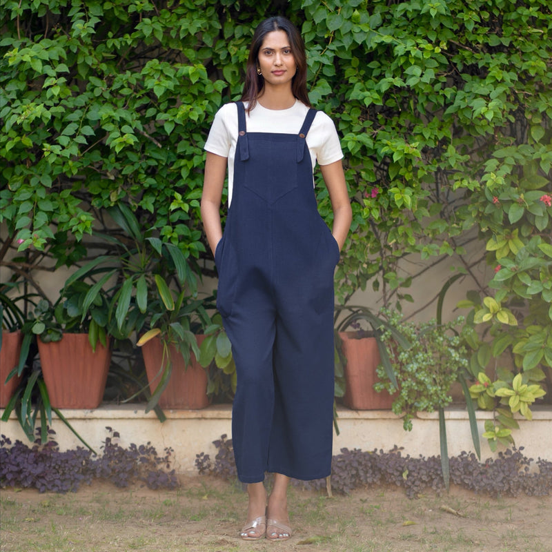 Navy Blue Warm Cotton Waffle Midi Dungaree Jumpsuit