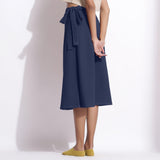 Back View of a Model wearing Navy Blue Cotton Waffle Wrap Skirt