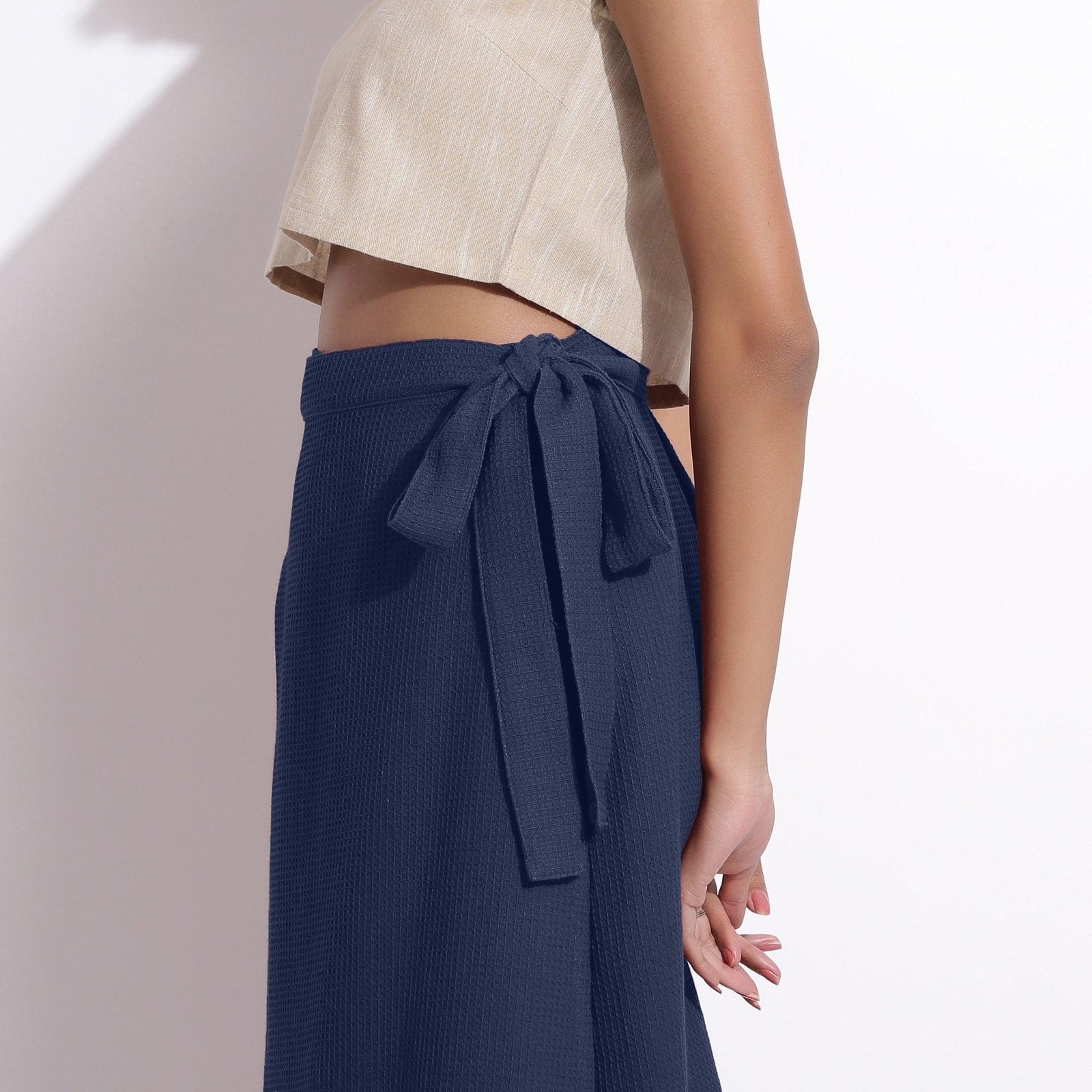 Buy Navy Blue Warm Cotton Waffle Midi Wrap Skirt Online at