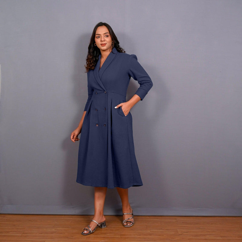 navy blue button down midi dress Entro Women's Navy Cinch Waist Button Down Poplin Midi Dress Large