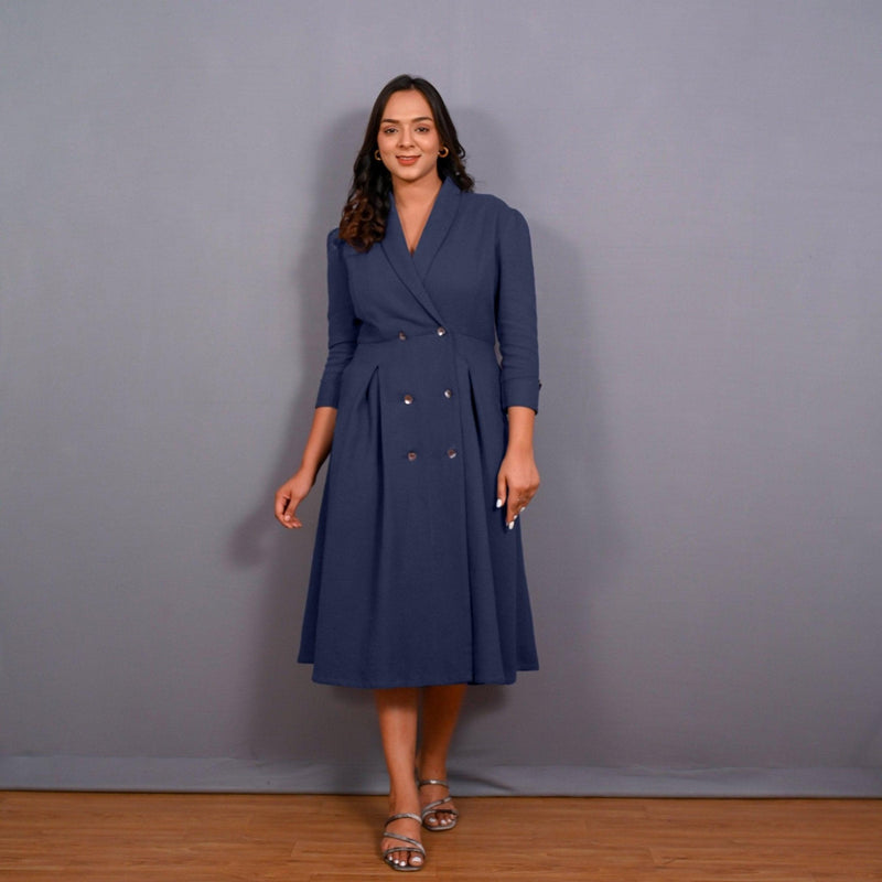 Navy Blue Warm Cotton Waffle Pleated Button-Down Midi Dress 68" / Petite (5'1" and below) Navy Blue Warm Cotton Waffle Pleated Button-Down Midi Dress 68" / Petite (5'1" and below)