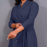 Front Detail of a Model wearing Navy Blue Warm Cotton Waffle Pleated Button-Down Midi Dress