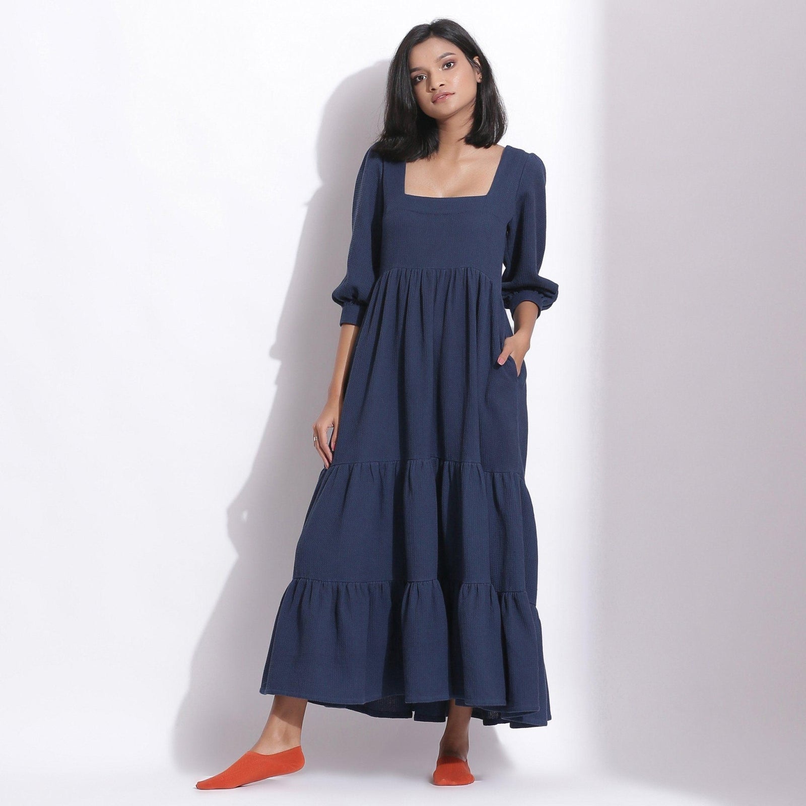 Navy Blue Warm Cotton Waffle Tier Maxi Dress 32" / Custom Height (Free) Navy Blue Warm Cotton Waffle Tier Maxi Dress 32" / Custom Height (Free)