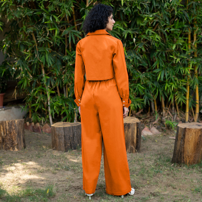 Orange Cotton Poplin High-Rise Elasticated Pleated Wide Legged Pant