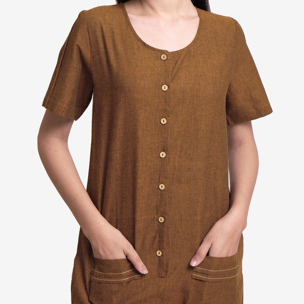 Front Detail of a Model wearing Handspun Oak Brown Button-Down Romper