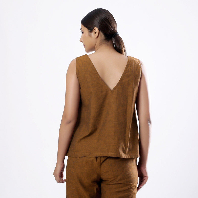 Back View of a Model wearing Handspun Oak Brown Straight Cotton Top