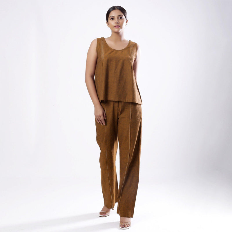 Front View of a Model wearing Oak Brown Top and Straight Fit Pant Set