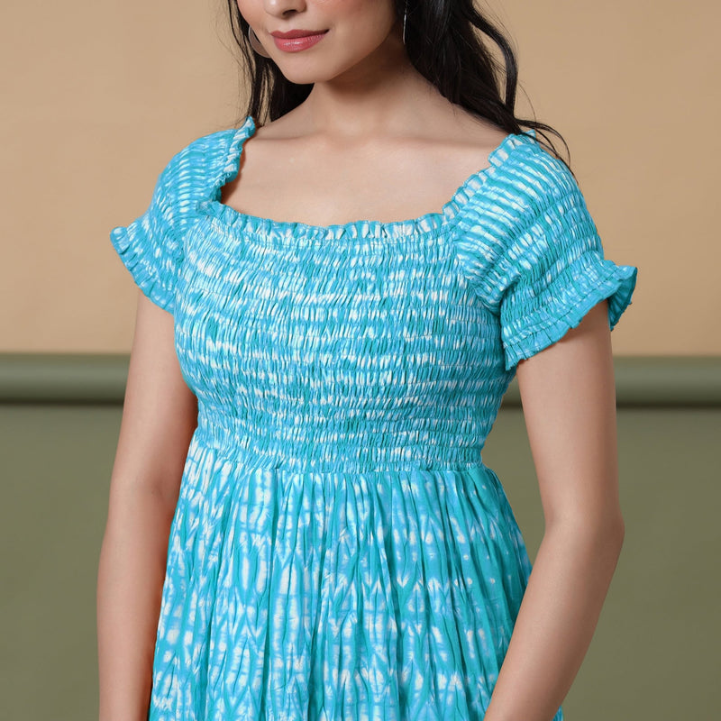 Ocean Blue Shibori Tie-Dye Cotton Gathered Maxi Dress 52