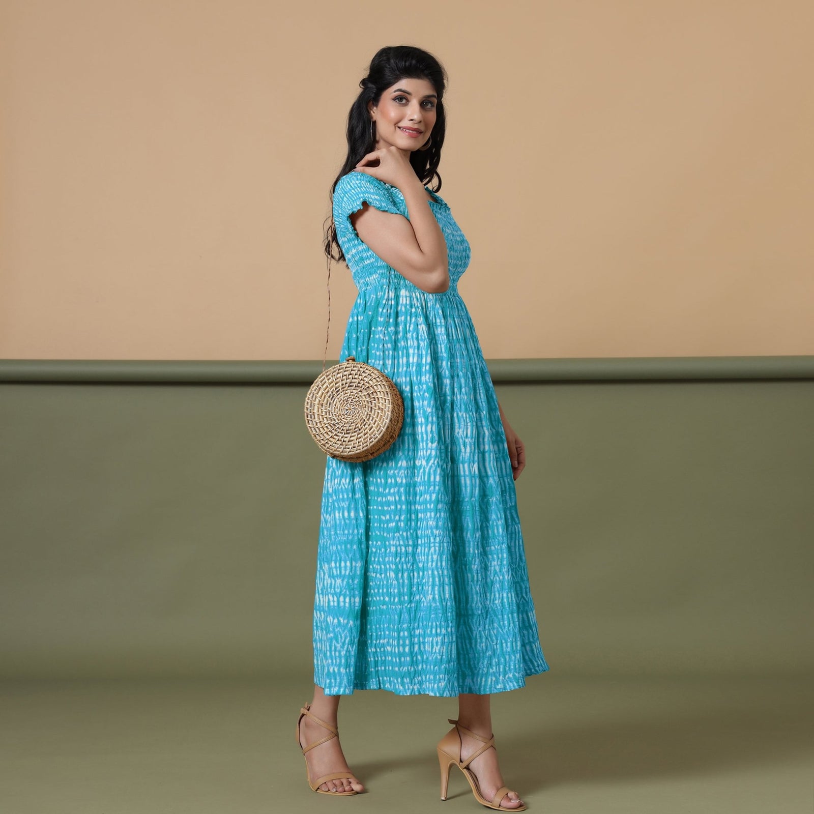 free people shibori long sleeve tunic dress Ocean Blue Shibori Tie-Dye Cotton Gathered Maxi Dress 52