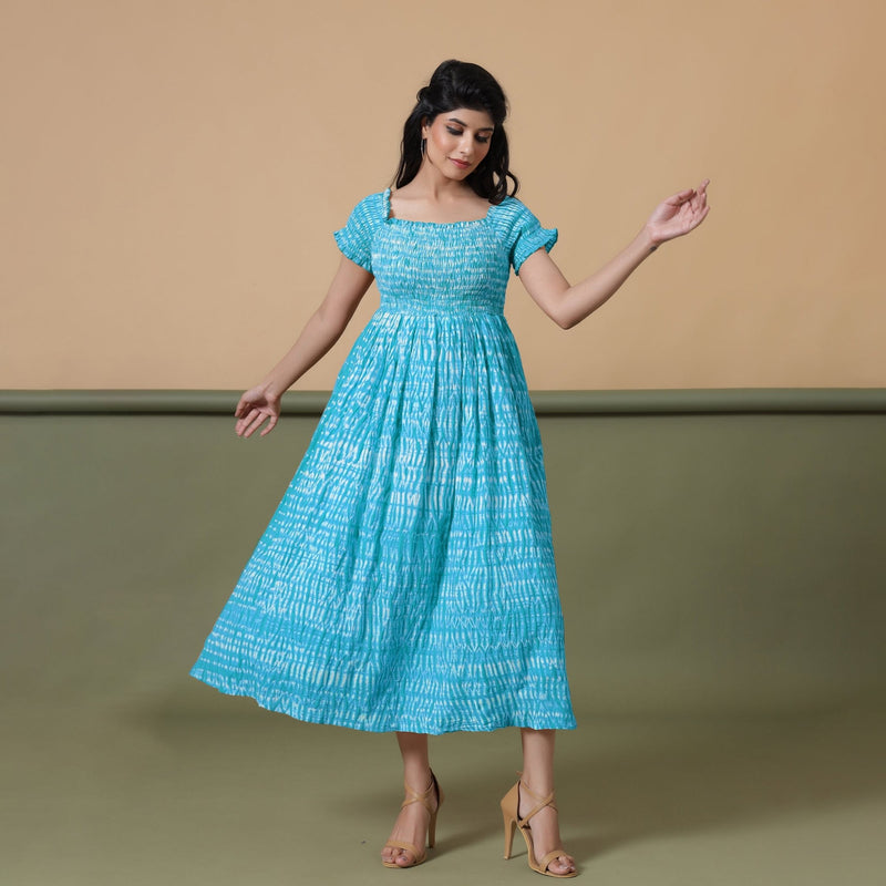 Ocean Blue Shibori Tie-Dye Cotton Gathered Maxi Dress 52" / Petite (5'1" and below) Ocean Blue Shibori Tie-Dye Cotton Gathered Maxi Dress 52" / Petite (5'1" and below)