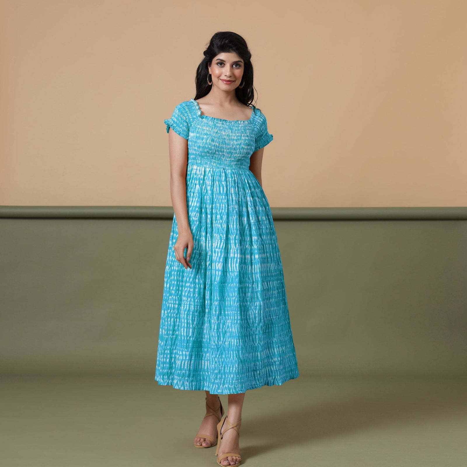 Ocean Blue Shibori Tie-Dye Cotton Gathered Maxi Dress 54