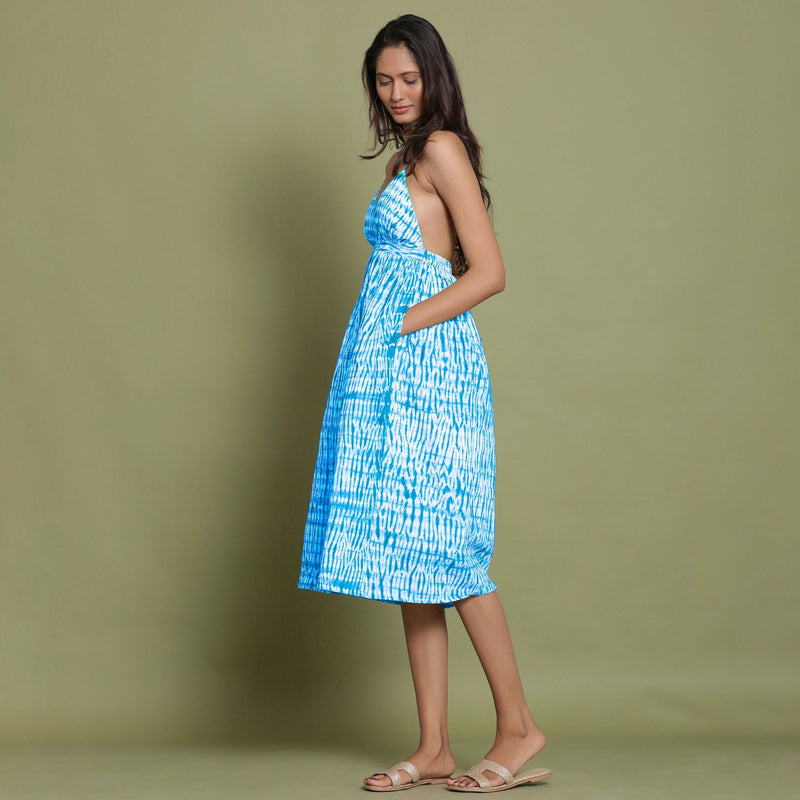 Ocean Blue Shibori Tie-Dye Cotton Halter Neck Gathered Midi Dress 60" / Petite (5'1" and below) Ocean Blue Shibori Tie-Dye Cotton Halter Neck Gathered Midi Dress 60" / Petite (5'1" and below)