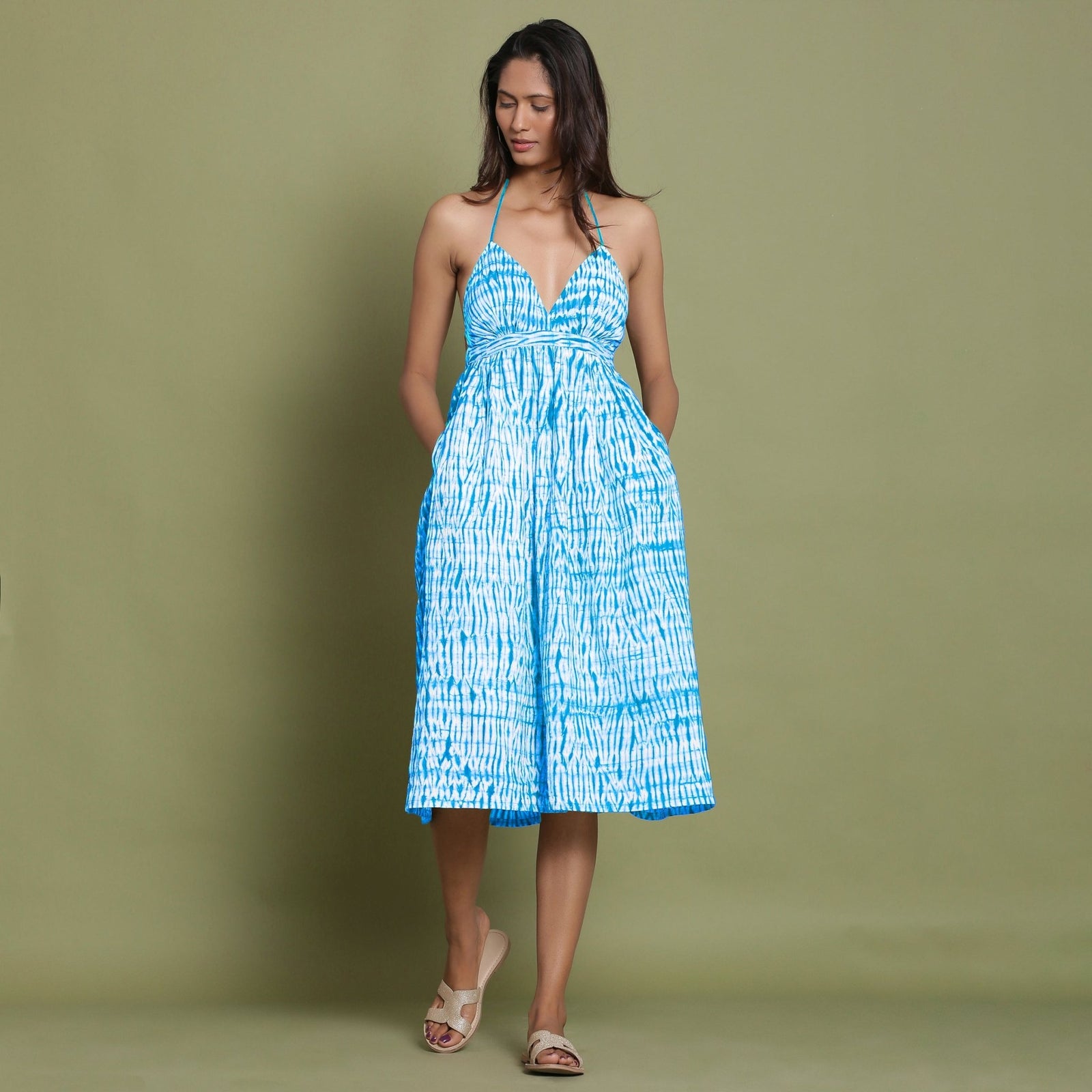 Ocean Blue Shibori Tie-Dye Cotton Halter Neck Gathered Midi Dress 62" / Custom Height (Free)