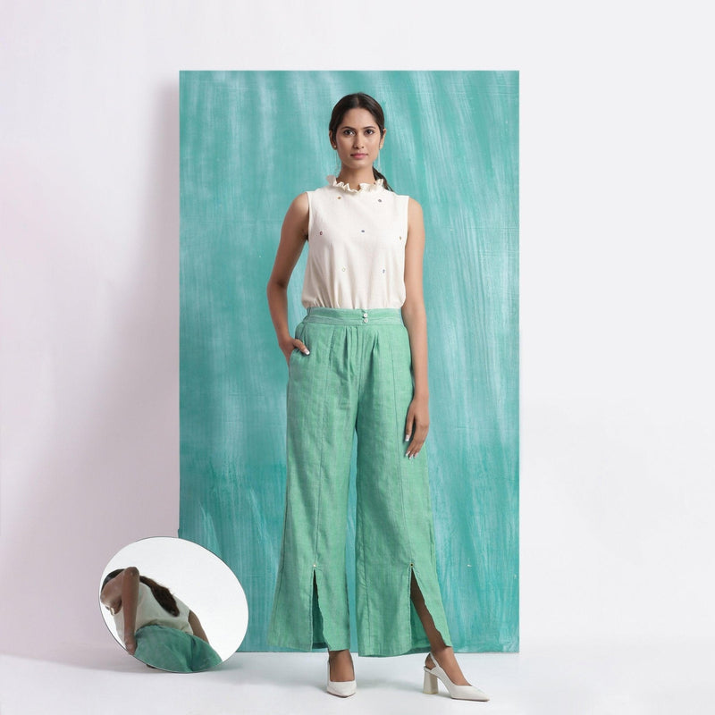 Front View of a Model wearing Ocean Green 100% Cotton Elasticated Mid-Rise Wide Legged Pant