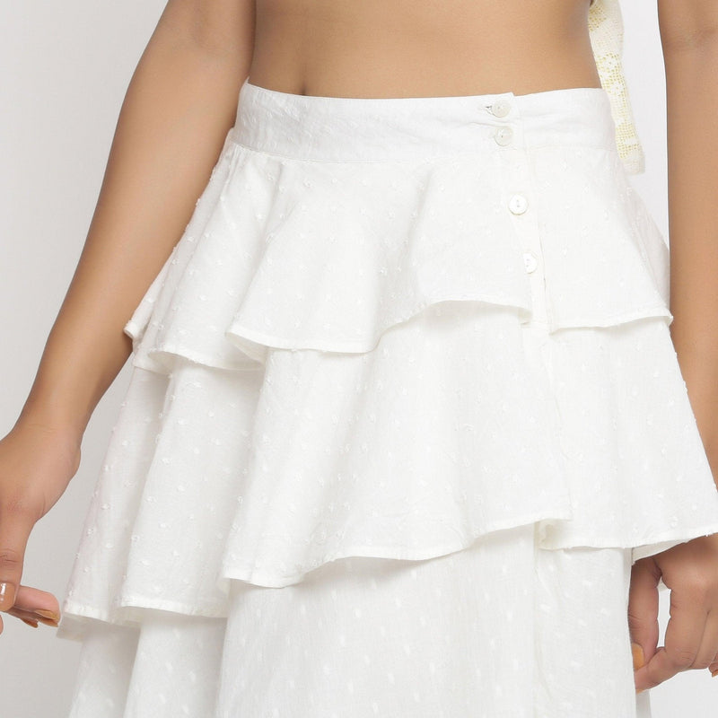 Left Detail of a Model wearing Off-White Cotton Dobby Ruffled Skirt